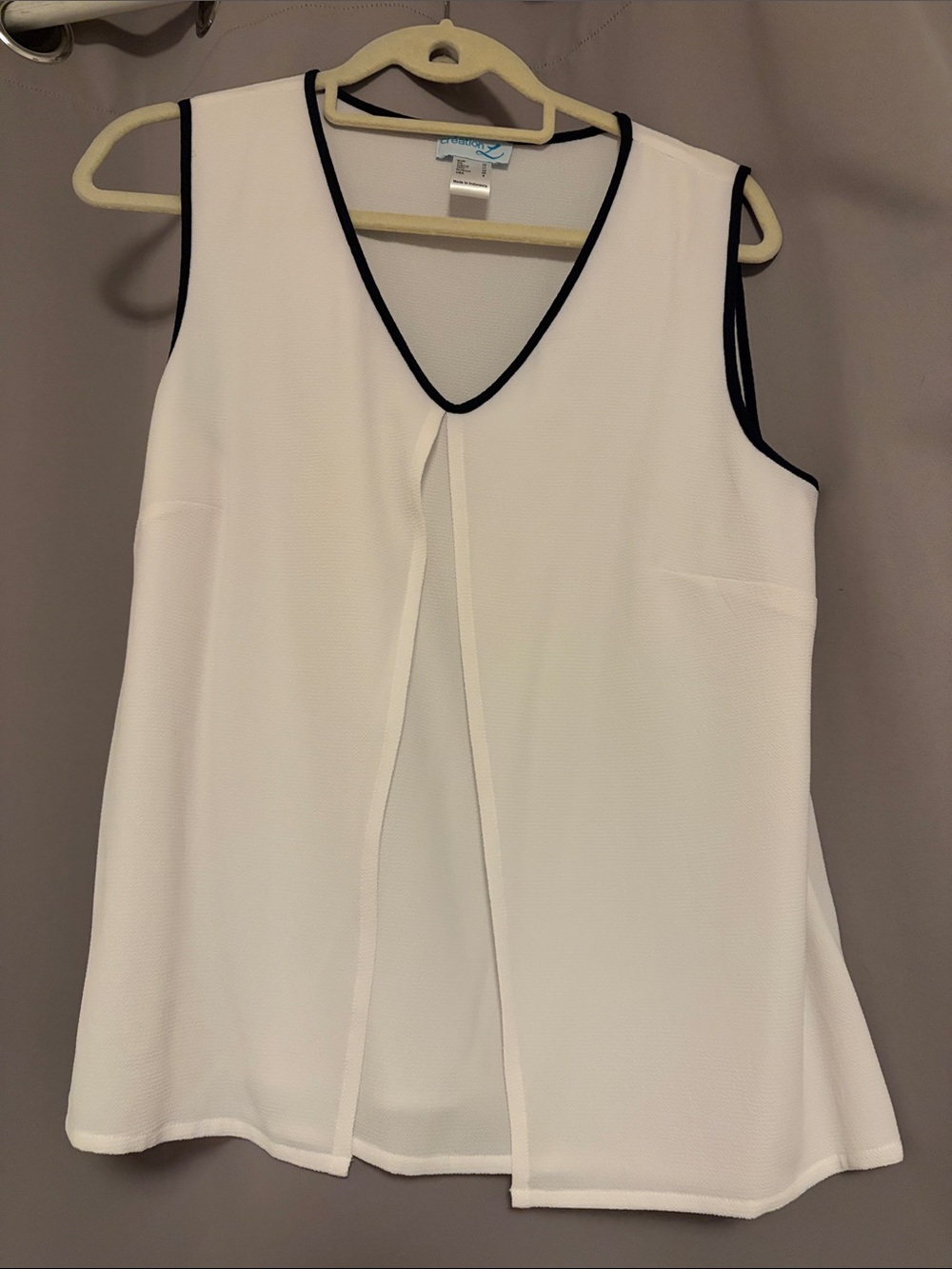 Sleeveless White V-Neck Shell with Black Trim - Classic Women's Top